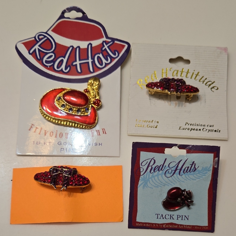 Gold and Red Brooch Set "Red Hat Society" Pins